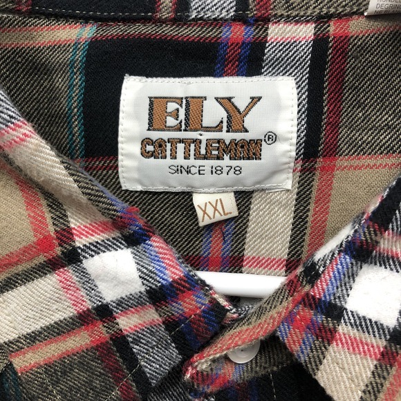 Ely Cattleman XXL Tan Red Plaid Pearl Snap Flannel Western Long Sleeve Shirt - Picture 4 of 6